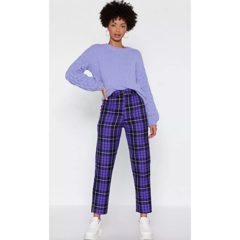 Nasty Gal Plaid High Waisted Straight Leg Pants US Size 4 NEW Purple Black Print